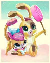 Size: 674x836 | Tagged: safe, artist:usappy-barkhaward, buttercream sunday (lps), sugar sprinkles (lps), cat, feline, lagomorph, mammal, rabbit, feral, hasbro, littlest pet shop, littlest pet shop (2012), 2013, blue eyes, bow, candy, cute, duo, duo female, female, females only, food, fur, green eyes, hair bow, holding candy, holding food, holding lollipop, holding object, lollipop, open mouth, smiling, tan body, tan fur, wholesome, yellow body, yellow fur