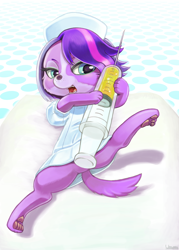 Size: 594x831 | Tagged: safe, artist:usappy-barkhaward, zoe trent (lps), canine, cavalier king charles spaniel, dog, mammal, spaniel, feral, hasbro, littlest pet shop, littlest pet shop (2012), 2013, blue eyes, clothes, female, fur, needle, nurse outfit, paw pads, paws, purple body, purple fur, solo, solo female, syringe