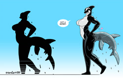 Size: 1280x870 | Tagged: safe, artist:transient001, orca (dc comics), cetacean, fish, mammal, orca, shark, anthro, feral, dc comics, angry, big breasts, big butt, biting, breasts, butt, butt biting, duo, female, heart, looking at you, love heart, male, nudity, shadow, sharp teeth, teeth, thick thighs, thighs, water, wet body, wide hips