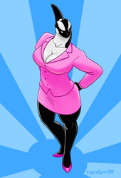 Size: 712x1049 | Tagged: safe, artist:transient001, orca (dc comics), cetacean, mammal, orca, anthro, dc comics, big breasts, big butt, breasts, business lady, business suit, butt, cleavage, female, short skirt, solo, solo female, tailleur, thick thighs, thighs, wide hips