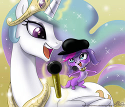 Size: 1000x857 | Tagged: safe, artist:johnjoseco, princess celestia (mlp), zoe trent (lps), alicorn, canine, cavalier king charles spaniel, dog, equine, fictional species, mammal, pony, spaniel, feral, friendship is magic, hasbro, littlest pet shop, littlest pet shop (2012), my little pony, 2013, 2d, blue eyes, collar, crown, duo, duo female, feathered wings, feathers, female, females only, folded wings, fur, headwear, horn, jewelry, microphone, multicolored mane, multicolored tail, necklace, nicole oliver, paw pads, paws, peytral, purple body, purple eyes, purple fur, regalia, singing, sparkly hair, sparkly mane, sparkly tail, tail, telekinesis, ungulate, voice actor joke, white body, white fur, wings