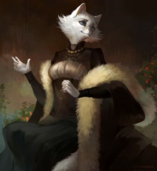 Size: 1174x1280 | Tagged: safe, artist:juliathedragoncat, duchess (the aristocats), cat, feline, mammal, disney, the aristocats, black clothing, blue eyes, cheek fluff, female, fluff, fur, pink nose, ring, solo, solo female, white body, white fur