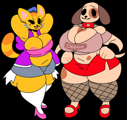 Size: 2048x1937 | Tagged: suggestive, artist:dorky, oc, oc only, oc:emojicat (dorky), oc:emojidog (dorky), canine, cat, dog, feline, mammal, anthro, plantigrade anthro, areola, areola slip, armpits, arms behind head, belly button, big breasts, black background, blushing, bottomwear, breasts, cleavage, clothes, dot eyes, duo, duo female, emoji, female, females only, fishnet, fishnet stockings, furrified, hand on hip, hat, headwear, high heels, huge breasts, legwear, looking at you, nudity, open mouth, open smile, partial nudity, prostitute, see-through, shirt, shoes, shorts, simple background, skirt, slightly chubby, smiling, stockings, text, text on clothing, text on shirt, text on topwear, thick thighs, thighs, topwear, whiskers, wide hips, wristband