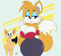 Size: 1280x1162 | Tagged: suggestive, artist:nr_ac, miles "tails" prower (sonic), rouge the bat (sonic), bat, canine, fox, mammal, red fox, anthro, sega, sonic the hedgehog (series), 2021, angry, bat wings, bedroom eyes, big breasts, breasts, clothing theft, covering breasts, covering crotch, cross-popping veins, digital art, duo, duo female, ears, eyelashes, female, females only, fur, mila "tails" prower, multiple tails, nudity, rule 63, simple background, tail, tailsko, thick thighs, thighs, tongue, two tails, vixen, webbed wings, wings