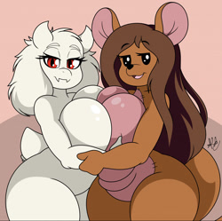 Size: 1280x1275 | Tagged: suggestive, alternate version, artist:nr_ac, kanga (winnie-the-pooh), toriel (undertale), bovid, goat, kangaroo, mammal, marsupial, anthro, disney, undertale, winnie-the-pooh, 2021, bedroom eyes, big breasts, big butt, black nose, breast frottage, breasts, butt, digital art, duo, duo female, ear fluff, ears, eyelashes, female, female/female, females only, fluff, fur, hair, horns, looking at you, looking back, macropod, mature, mature female, nudity, side view, sideboob, tail, thick thighs, thighs, wide hips