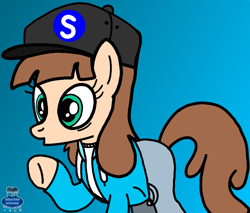 Size: 1000x852 | Tagged: safe, artist:mrstheartist, artist:suqarbases, oc, oc:sarah pone, earth pony, equine, fictional species, mammal, pony, feral, friendship is magic, hasbro, my little pony, base used, black outline, clothes, female, gradient background, hoodie, mare, pointing, ponified, rule 63, self upload, snapback, solo, solo female, topwear, unzipped