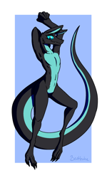 Size: 1538x2563 | Tagged: safe, artist:bestbake, fictional species, kobold, lizard, reptile, anthro, 3 toes, big tail, black body, blue background, blue eyes, claws, cyan body, digital art, ears, featureless crotch, gray body, long tail, looking at you, lying, male, nudity, pinup, presenting, scales, signature, simple background, slim, slit pupils, solo, solo male, tail
