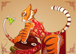 Size: 3508x2480 | Tagged: safe, artist:bugnoods, artist:chrysalisdraws, master tigress (kung fu panda), master viper (kung fu panda), big cat, feline, mammal, reptile, snake, tiger, viper, anthro, feral, dreamworks animation, kung fu panda, 2022, breasts, butt, cheongsam, chinese dress, clothes, dress, duo, duo female, ears, female, females only, fluff, fur, high res, looking at you, looking back, looking back at you, no underwear, orange body, orange fur, scales, shoulder fluff, smiling, smiling at you, striped fur, tail, thighs, tigress, tongue, tongue out, white body, white fur, year of the tiger