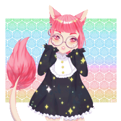 Size: 2000x2000 | Tagged: safe, artist:bismark, oc, oc only, cat, feline, mammal, humanoid, animated, anime, clothes, cute, dress, ear fluff, ear piercing, female, fluff, gif, glasses, hair, high res, piercing, pink eyes, pink hair, round glasses, simple background, solo, solo female, tail, tail fluff