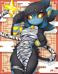 Size: 961x1230 | Tagged: safe, artist:rilexlenov, fictional species, luxray, mammal, anthro, nintendo, pokémon, 2022, black body, black fur, breasts, clothes, ears, female, fur, looking at you, smiling, smiling at you, solo, solo female, tail, thighs