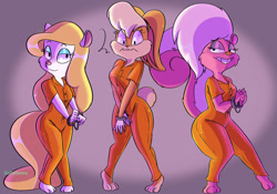 Size: 1280x894 | Tagged: safe, artist:collydanny, bimbette (tiny toon adventures), lola bunny (looney tunes), minerva mink (animaniacs), lagomorph, mammal, mink, mustelid, rabbit, skunk, anthro, animaniacs, looney tunes, tiny toon adventures, warner brothers, clothes, cuffed, cuffs, female, females only, prison outfit, prisoner, trio, trio female, varying degrees of want