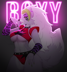 Size: 1116x1200 | Tagged: safe, artist:sweetburn, roxanne wolf (fnaf), canine, mammal, wolf, anthro, five nights at freddy's, five nights at freddy's: security breach, 2022, big breasts, breasts, clothes, ear fluff, female, fluff, green hair, hair, long hair, looking at you, multicolored hair, smiling, smiling at you, solo, solo female, tail, tail fluff, thick thighs, thighs, two toned hair, white hair