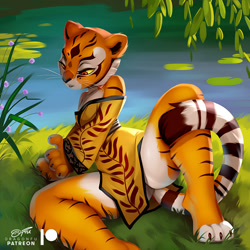Size: 800x800 | Tagged: safe, artist:dragonfu, master tigress (kung fu panda), big cat, feline, mammal, tiger, anthro, dreamworks animation, kung fu panda, 2022, breasts, chinese dress, clothes, dress, ear fluff, female, fluff, side slit, solo, solo female, tail, thick thighs, thighs, tigress, year of the tiger