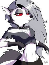 Size: 1200x1600 | Tagged: safe, artist:doylecoati, loona (vivzmind), canine, fictional species, hellhound, mammal, anthro, hazbin hotel, helluva boss, 2022, belly button, breasts, cleavage, clothes, collar, crop top, cropped shirt, ear fluff, ears, female, fluff, fur, gray hair, hair, long hair, looking at you, midriff, red eyes, shirt, simple background, smiling, smiling at you, solo, solo female, spiked collar, tail, topwear, white background, white body, white fur
