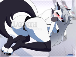 Size: 900x675 | Tagged: suggestive, artist:layerth, loona (vivzmind), canine, fictional species, hellhound, mammal, anthro, digitigrade anthro, hazbin hotel, helluva boss, 2022, big breasts, bikini, breasts, butt, clothes, ears, female, gray hair, hair, huge butt, long hair, looking at you, looking back, looking back at you, solo, solo female, swimsuit, tail, thick thighs, thighs