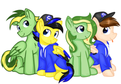 Size: 1221x850 | Tagged: safe, artist:rainbow eevee, oc, oc only, oc:boomerang beauty, oc:didgeree, oc:ponyseb 2.0, oc:seb the pony, equine, fictional species, mammal, pegasus, pony, friendship is magic, hasbro, my little pony, :p, blue eyes, clothes, colored wings, cute, facial hair, female, folded wings, group, hair, jacket, looking at each other, male, multicolored hair, ponified, sitting, snapback, sweater, tongue, tongue out, topwear, two toned hair, vector, wings