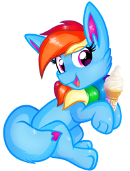 Size: 610x800 | Tagged: safe, artist:rainbow eevee, rainbow dash (mlp), oc, oc only, oc:rainbow eevee, eevee, eeveelution, equine, fictional species, mammal, pokémon pony, pony, feral, friendship is magic, hasbro, mcdonald's, my little pony, nintendo, pokémon, blue body, blue fur, cute, female, food, fur, hair, happy, ice cream, ice cream cone, open mouth, pink eyes, rainbow hair, simple background, sitting, solo, solo female, transparent background, vector