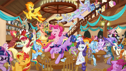 Size: 3840x2160 | Tagged: safe, artist:dstears, apple bloom (mlp), applejack (mlp), autumn blaze (mlp), berry punch (mlp), big macintosh (mlp), bon bon (mlp), cheerilee (mlp), cloudchaser (mlp), coco pommel (mlp), coloratura (mlp), daring do (mlp), derpy hooves (mlp), discord (mlp), flitter (mlp), fluttershy (mlp), lily valley (mlp), lyra heartstrings (mlp), maud pie (mlp), minuette (mlp), moondancer (mlp), octavia melody (mlp), pinkie pie (mlp), princess cadence (mlp), princess celestia (mlp), princess luna (mlp), rainbow dash (mlp), rarity (mlp), roseluck (mlp), scootaloo (mlp), shining armor (mlp), somnambula (mlp), spike (mlp), spitfire (mlp), starlight glimmer (mlp), sugar belle (mlp), sunburst (mlp), sunset shimmer (mlp), sweetie belle (mlp), trixie (mlp), twilight sparkle (mlp), twinkleshine (mlp), vinyl scratch (mlp), alicorn, draconequus, dragon, earth pony, equine, fictional species, kirin, mammal, pegasus, pony, unicorn, western dragon, feral, semi-anthro, friendship is magic, hasbro, my little pony, 2019, alcohol, bow, card, card game, cello, cello bow, cutie mark, cutie mark crusaders (mlp), drink, eyes closed, female, female/female, filly, foal, glasses, glowing, glowing horn, high res, horn, juice, levitation, lyrabon (mlp), male, male/female, mane six (mlp), mare, party, poker, royal sisters (mlp), sci-twi (mlp), shiningcadance (mlp), shipping, stallion, strip poker, sugarmac (mlp), table, trenchcoat, wall of tags, wine, wings, young
