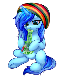 Size: 2287x2890 | Tagged: safe, artist:megabait, oc, oc only, oc:spacelight, equine, fictional species, mammal, pony, unicorn, feral, friendship is magic, hasbro, my little pony, bong, clothes, drugs, hat, headwear, high res, lighter, marijuana, simple background, solo, transparent background