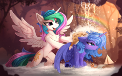 Size: 2500x1550 | Tagged: safe, artist:yakovlev-vad, princess celestia (mlp), princess luna (mlp), alicorn, equine, fictional species, mammal, pony, feral, friendship is magic, hasbro, my little pony, 2017, boat, feathered wings, feathers, female, fur, hair, horn, mane, mare, multicolored hair, royal sisters (mlp), rubber duck, siblings, sister, sisters, toy, water, wings