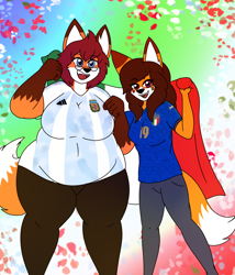 Size: 1200x1400 | Tagged: safe, artist:alexandersie, canine, fox, mammal, anthro, argentina, duo, duo female, euro 2020, fat, female, females only, italy, soccer