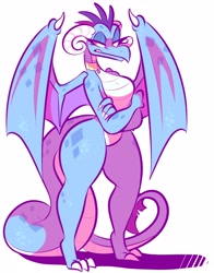 Size: 2744x3500 | Tagged: safe, artist:puddingandp1, princess ember (mlp), dragon, fictional species, reptile, scaled dragon, western dragon, anthro, digitigrade anthro, friendship is magic, hasbro, my little pony, 2021, anthrofied, blue scales, dragon wings, dragoness, female, frowning, high res, horns, lidded eyes, scales, simple background, solo, solo female, tail, white background