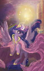 Size: 1080x1718 | Tagged: safe, artist:shaslan, twilight sparkle (mlp), alicorn, equine, fictional species, mammal, pony, feral, friendship is magic, hasbro, my little pony, 2022, crown, eyelashes, female, flying, headwear, hoof shoes, horn, jewelry, mare, older, peytral, purple body, regalia, solo, solo female, tail, traditional art