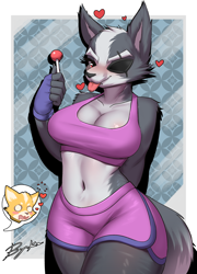 Size: 2500x3467 | Tagged: suggestive, alternate version, artist:burgerkiss, fox mccloud (star fox), wolf o'donnell (star fox), canine, fox, mammal, wolf, anthro, nintendo, star fox, 2019, bedroom eyes, belly button, black nose, blushing, border, bottomwear, breasts, cameltoe, clothes, content released, digital art, duo, ears, eyelashes, eyepatch, female, fingerless gloves, fur, gloves, gun, handgun, heart, high res, licking, licking lips, lollipop, looking at you, male, male/female, one eye closed, rule 63, shirt, shorts, speech bubble, sports bra, sports shorts, tail, thighs, tongue, tongue out, topwear, weapon, white border, wide hips, wolfess o'donnell