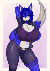 Size: 905x1280 | Tagged: suggestive, alternate version, artist:tailz_kim, oc, oc only, canine, fox, mammal, anthro, 2022, armpits, arms behind head, belly button, blushing, bottomwear, breasts, cameltoe, clothes, commission, digital art, ears, eyelashes, female, fur, hair, huge breasts, jacket, looking at you, pants, pose, solo, solo female, tail, tank top, thighs, topwear, vixen, wide hips