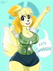 Size: 968x1280 | Tagged: safe, artist:hirurux, isabelle (animal crossing), canine, dog, mammal, shih tzu, anthro, animal crossing, nintendo, 2018, big breasts, black nose, bottomwear, breasts, clothes, dialogue, digital art, ears, eyelashes, female, fur, hair, looking at you, open mouth, shirt, skirt, solo, solo female, speech bubble, tail, talking, text, thighs, tongue, topwear, wide hips