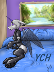 Size: 3000x4000 | Tagged: suggestive, artist:stirren, equine, mammal, pony, feral, hasbro, my little pony, bed, clothes, commission, ears laid back, frog (hoof), hooves, horn, latex, latex clothes, legwear, looking at you, outfit, picture, pinup, pose, smiling, solo, stockings, thigh highs, underhoof, wings, ych