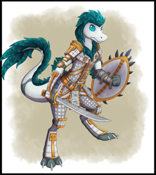 Size: 1600x1800 | Tagged: safe, artist:tomek1000, oc, oc only, lizard, reptile, anthro, digitigrade anthro, 2019, armor, commission, male, shield, solo, solo male, sword, tail, weapon, white body, white tail
