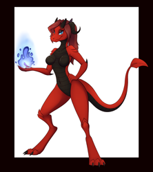 Size: 1600x1800 | Tagged: safe, artist:tomek1000, oc, oc only, oc:chess, dragon, fictional species, anthro, digitigrade anthro, 2019, black body, blue eyes, breasts, commission, featureless breasts, featureless crotch, female, hair, horns, looking at you, magic, red body, red hair, red scales, red tail, scales, simple background, smiling, solo, solo female, standing, tail, white background
