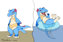 Size: 2000x1333 | Tagged: safe, artist:doesnotexist, oc, oc:lotus snapjaw, crocodilian, fictional species, reptile, totodile, anthro, digitigrade anthro, semi-anthro, nintendo, pokémon, 2022, bedroom eyes, big tail, blue eyes, blue scales, countershading, cute, cute little fangs, fangs, female, floating, flower, inner tube, kitchen eyes, multiple poses, open mouth, plant, scales, slit pupils, solo, solo female, standing, starter pokémon, tail, tan scales, teeth, thick thighs, thighs, water, wide hips