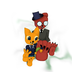 Size: 1280x1280 | Tagged: safe, artist:komasan116, angus delaney (nitw), gregg lee (nitw), bear, canine, fox, mammal, anthro, night in the woods, male, tickling, uneven shrinking