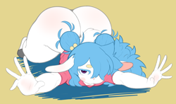 Size: 2200x1293 | Tagged: suggestive, artist:vammzu, oc, bovid, caprine, mammal, sheep, anthro, cc by-nc-nd, creative commons, beanbrows, big butt, blue hair, butt, digital art, drawing, face down ass up, female, fur, hair, hands, illustration, long ears, long eyelashes, long hair, looking at you, simple background, solo, solo female, stretching, white body, white fur
