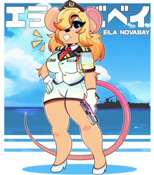 Size: 2800x3200 | Tagged: safe, artist:wirelessshiba, oc, oc only, oc:ela novabay (wirelessshiba), mammal, mouse, rodent, anthro, blonde hair, blue eyes, breasts, clothes, elbow fluff, female, fluff, gun, hair, hair over one eye, hand on hip, handgun, high heels, high res, looking at you, navy, shoes, solo, solo female, uniform, weapon