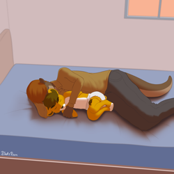 Size: 2000x2000 | Tagged: safe, artist:binkyroom, big cat, feline, lion, mammal, mustelid, otter, anthro, babyfur, bed, bedroom, clothes, commission, cub, cute, dad, diaper, duo, father, fluff, hair, high res, indoors, male, nap, sleeping, son, tail, tail fluff, ych result, young