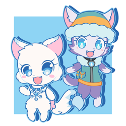 Size: 768x768 | Tagged: safe, artist:loifyleaf, everest (paw patrol), larimar (jewelpet), arctic fox, canine, dog, fox, husky, mammal, semi-anthro, jewelpet (sanrio), nickelodeon, paw patrol, sanrio, 2d, clothes, cute, duo, ears, hat, headwear, jacket, open mouth, open smile, smiling, starry eyes, tail, topwear, wingding eyes