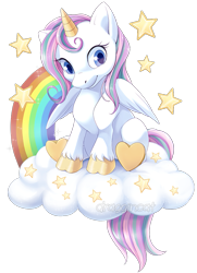 Size: 651x900 | Tagged: safe, artist:seyumei, alicorn, equine, fictional species, mammal, feral, 2017, 2d, blue eyes, cloud, cute, female, front view, hair, horn, looking at you, mane, mare, rainbow hair, rainbow mane, rainbow tail, simple background, smiling, smiling at you, solo, solo female, stars, tail, three-quarter view, transparent background, wings