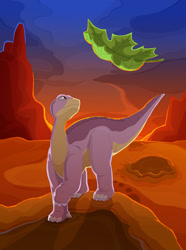 Size: 800x1077 | Tagged: safe, artist:drzime, littlefoot (the land before time), apatosaurus, dinosaur, sauropod, feral, sullivan bluth studios, the land before time, 2d, footprint, leaf, male, solo, solo male, young
