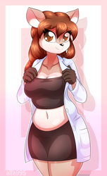 Size: 776x1280 | Tagged: safe, artist:alfa995, oc, oc:doe (alfa995), cervid, deer, mammal, anthro, 2017, bottomwear, breasts, clothes, digital art, doe, ears, eyelashes, female, fur, goggles, goggles on head, hair, heart, heart eyes, lab coat, looking at you, pants, shirt, simple background, solo, solo female, tail, thighs, topwear, wingding eyes