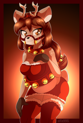 Size: 862x1280 | Tagged: safe, artist:alfa995, oc, oc:doe (alfa995), cervid, deer, mammal, anthro, 2016, belly button, bottomwear, breasts, christmas, clothes, digital art, doe, ears, eyelashes, fake antlers, female, fur, hair, heart, heart eyes, holiday, legwear, looking at you, shorts, simple background, smiling, smiling at you, solo, solo female, stockings, tail, tank top, thighs, topwear, wingding eyes