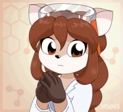 Size: 550x500 | Tagged: safe, artist:alfa995, oc, oc:doe (alfa995), cervid, deer, mammal, anthro, 2016, 2d, 2d animation, animated, blinking, cake, digital art, doe, ears, eyelashes, eyes closed, female, food, fur, gif, goggles, goggles on head, hair, lab coat, looking at you, motion tweening, simple background, smiling, smiling at you, solo, solo female