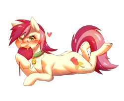 Size: 1600x1300 | Tagged: safe, artist:theglitchberserk, roseluck (mlp), earth pony, equine, fictional species, mammal, pony, feral, friendship is magic, hasbro, my little pony, angry, behaving like a cat, blushing, collar, commission, commissioner:doom9454, fangs, heart, lying down, pet tag, pony pet, rosepet, sharp teeth, simple background, solo, teeth, transparent background, yarn, yarn ball