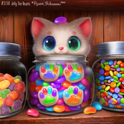 Size: 900x900 | Tagged: safe, artist:cryptid-creations, cat, feline, mammal, feral, 2021, candy, food, front view, if i fits i sits, jar, jelly bean, looking at you, paw pads, paws