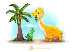 Size: 950x680 | Tagged: safe, artist:cryptid-creations, brachiosaurus, dinosaur, fictional species, food creature, sauropod, feral, 2d, ambiguous gender, duo, duo ambiguous, eating, food, fruit, lemon, lime, plant, pun, size difference, tree, visual pun