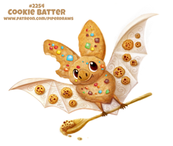Size: 900x759 | Tagged: safe, artist:cryptid-creations, bat, fictional species, food creature, mammal, feral, 2d, batter, brown eyes, cookie, flying, food, front view, looking at you, pun, spoon, spread wings, three-quarter view, visual pun, wings