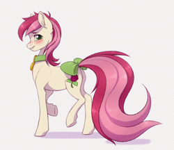 Size: 2244x1937 | Tagged: safe, artist:barlerd, roseluck (mlp), earth pony, equine, fictional species, mammal, pony, feral, friendship is magic, hasbro, my little pony, blushing, bow, collar, commission, commissioner:doom9454, cute, cuteluck, female, long tail, mare, pet tag, pony pet, rosepet, simple background, smiling, solo, solo female, tail, tail bow, white background