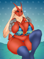 Size: 972x1280 | Tagged: suggestive, artist:niis, blaziken, fictional species, anthro, nintendo, pokémon, 2020, belly button, big breasts, bikini, bra, breasts, clothes, digital art, ears, eyelashes, female, fluff, fur, hair, huge breasts, legwear, looking at you, neck fluff, nudity, panties, pose, sitting, slightly chubby, solo, solo female, starter pokémon, stockings, swimsuit, tail, thick thighs, thighs, underwear, wide hips